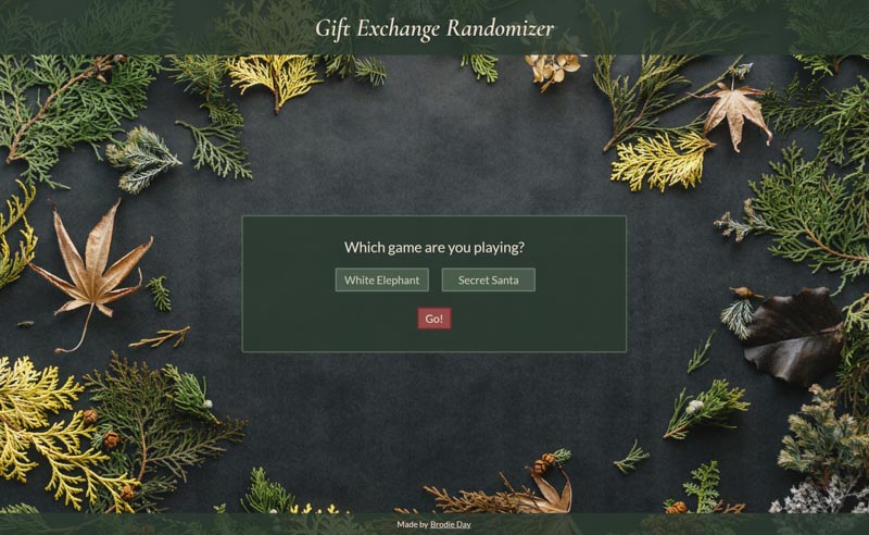 Screenshot of a Secret Santa app with a festive foliage theme.