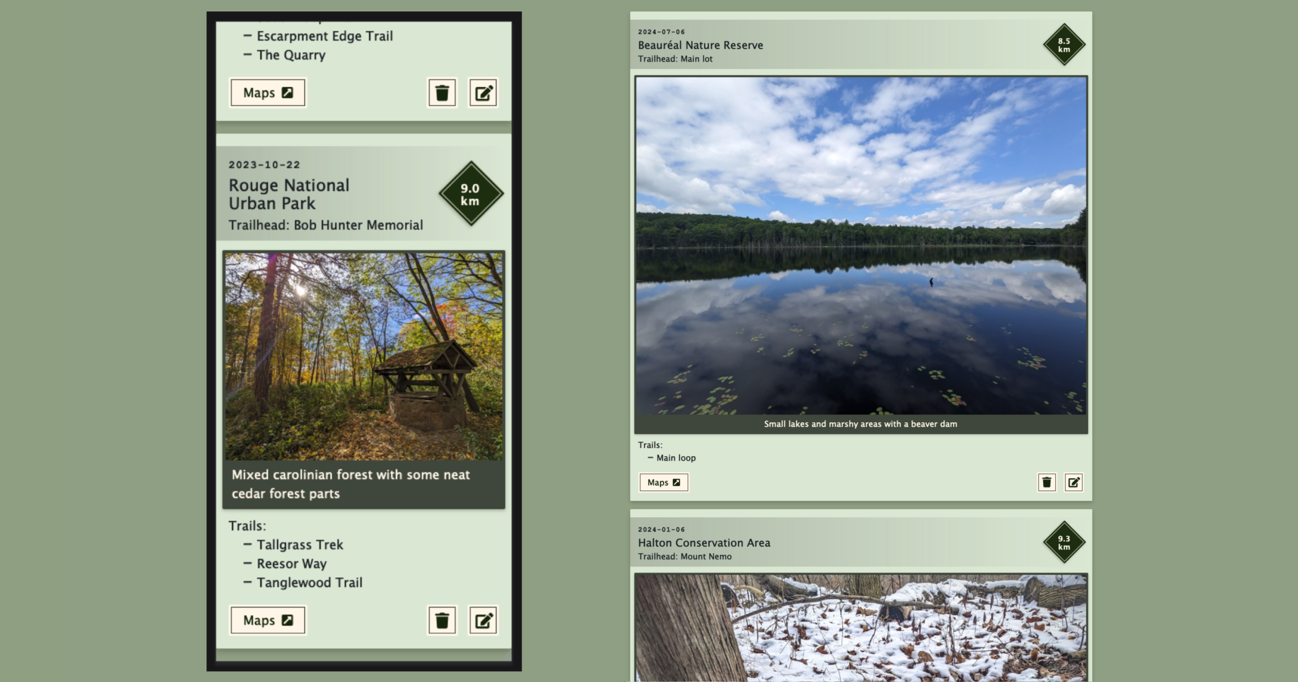 Screenshot of the Take a Hike "my hikes" view, showing location and distance information about a recent hike.
