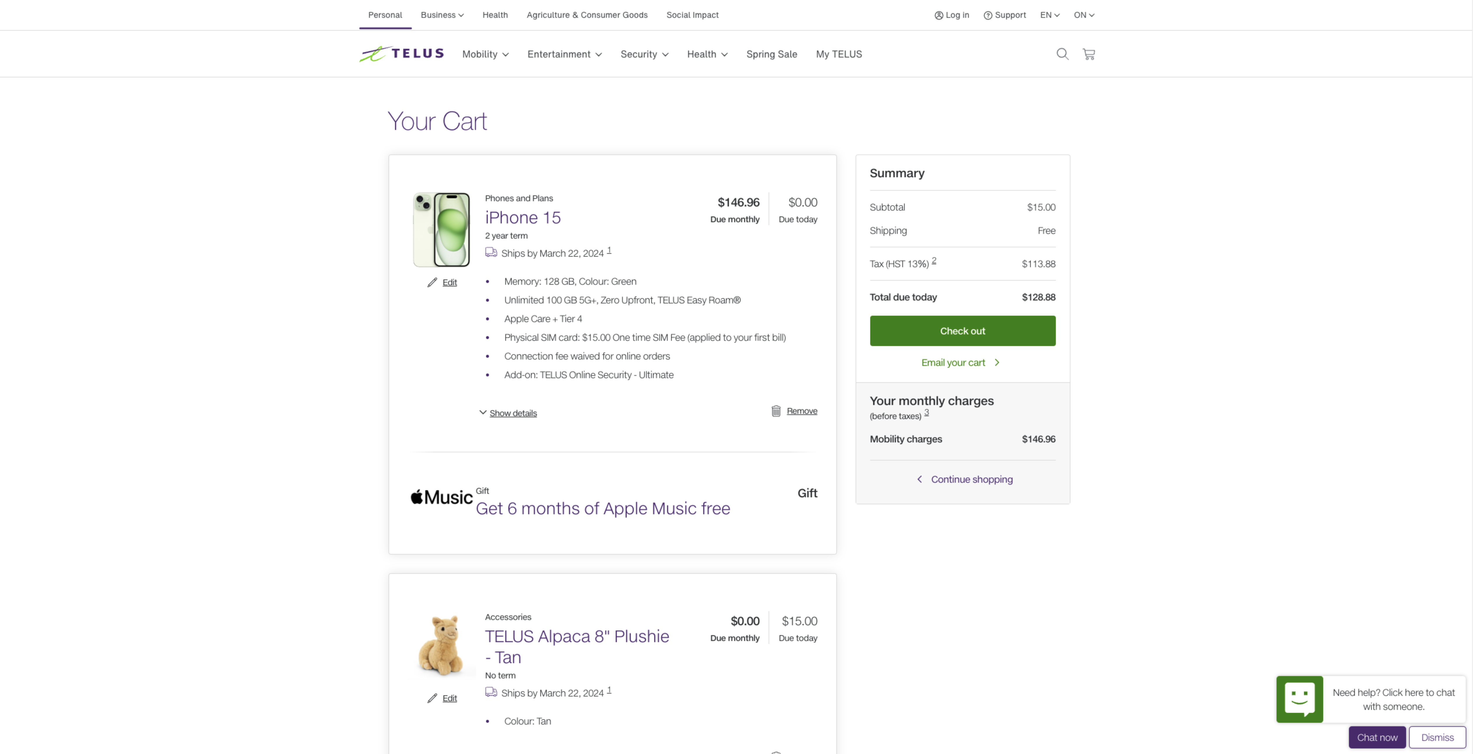 Screenshot of the Telus cart page with an iphone and plush alpaca in the cart.