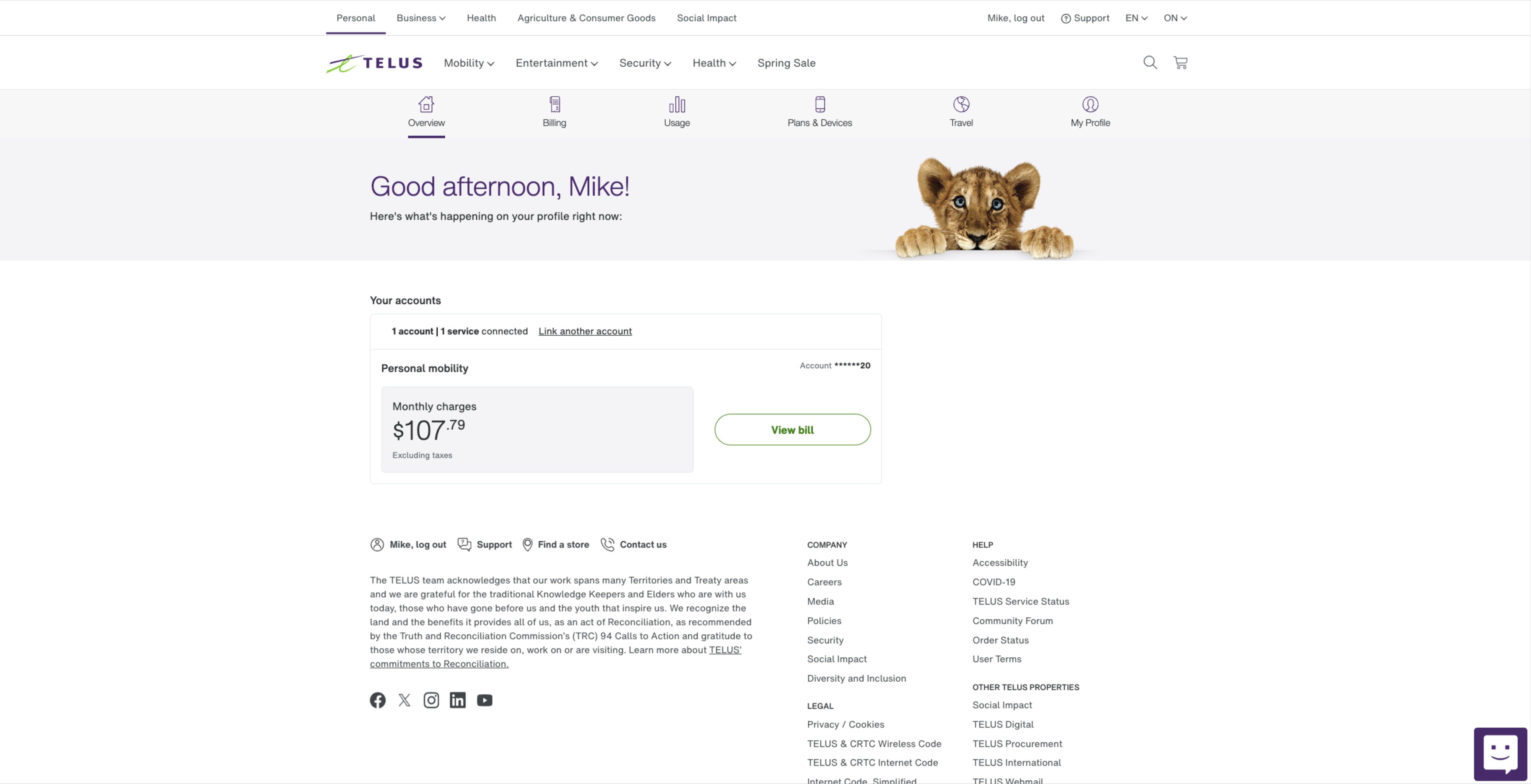 Screenshot of the My Telus App overview page.